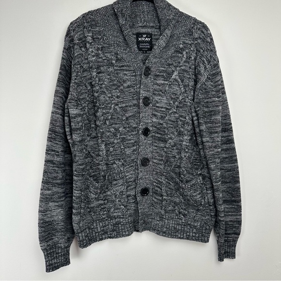 Xray Jeans Cardigan Sweater Size Large Grey Shawl Collar Cable Knit Grandpa - Picture 1 of 10